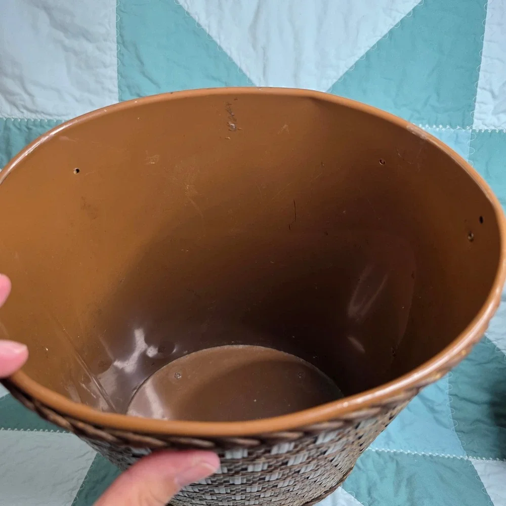 Vintage Faux Woven Wicker Metal Wastebasket Brown Trash Can Mid Century Decor